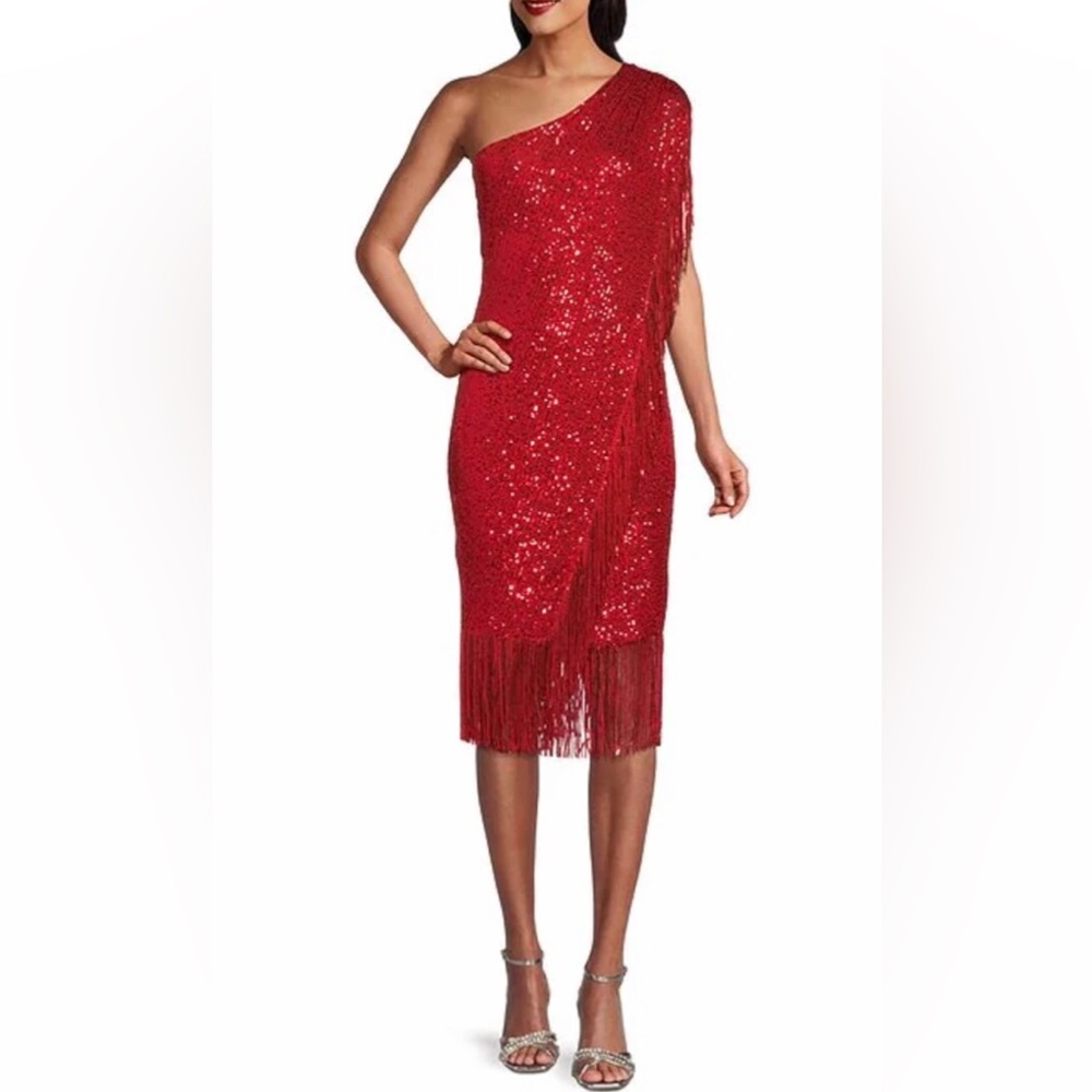Reba Red One Shoulder Draped Fringe Sequin Sheath Dress Sz 4